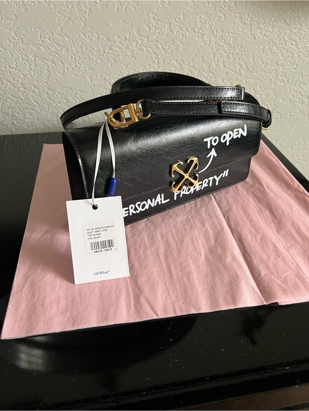 Off-White Black Leather Crossbody with Gold Hardware and White Graphic